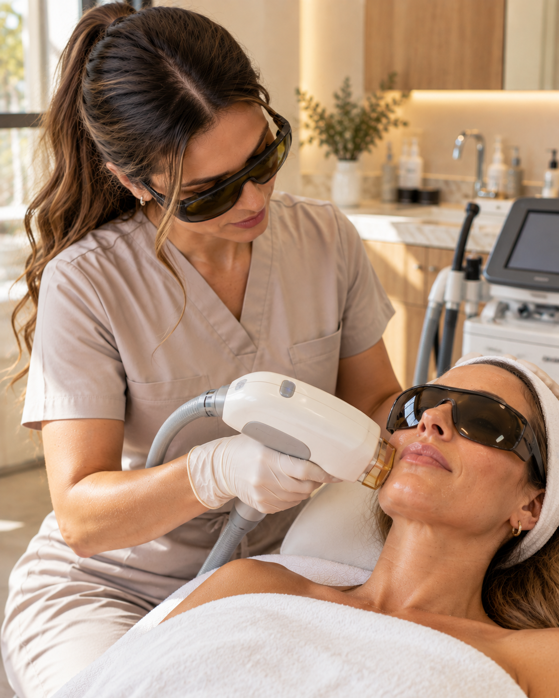 A provider and client wearing protective eyewear during a light-based facial treatment