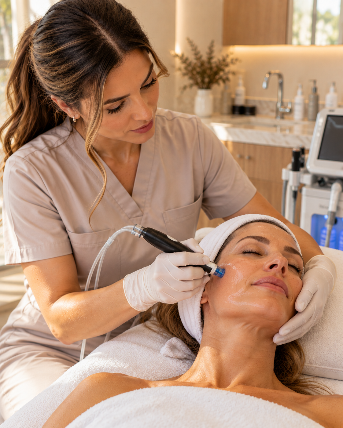 A provider performing a facial treatment with a handheld skincare device