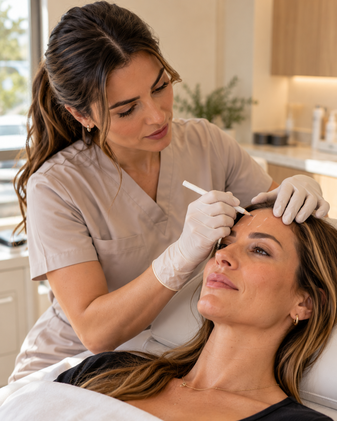 A gloved provider marking treatment areas on a client’s forehead