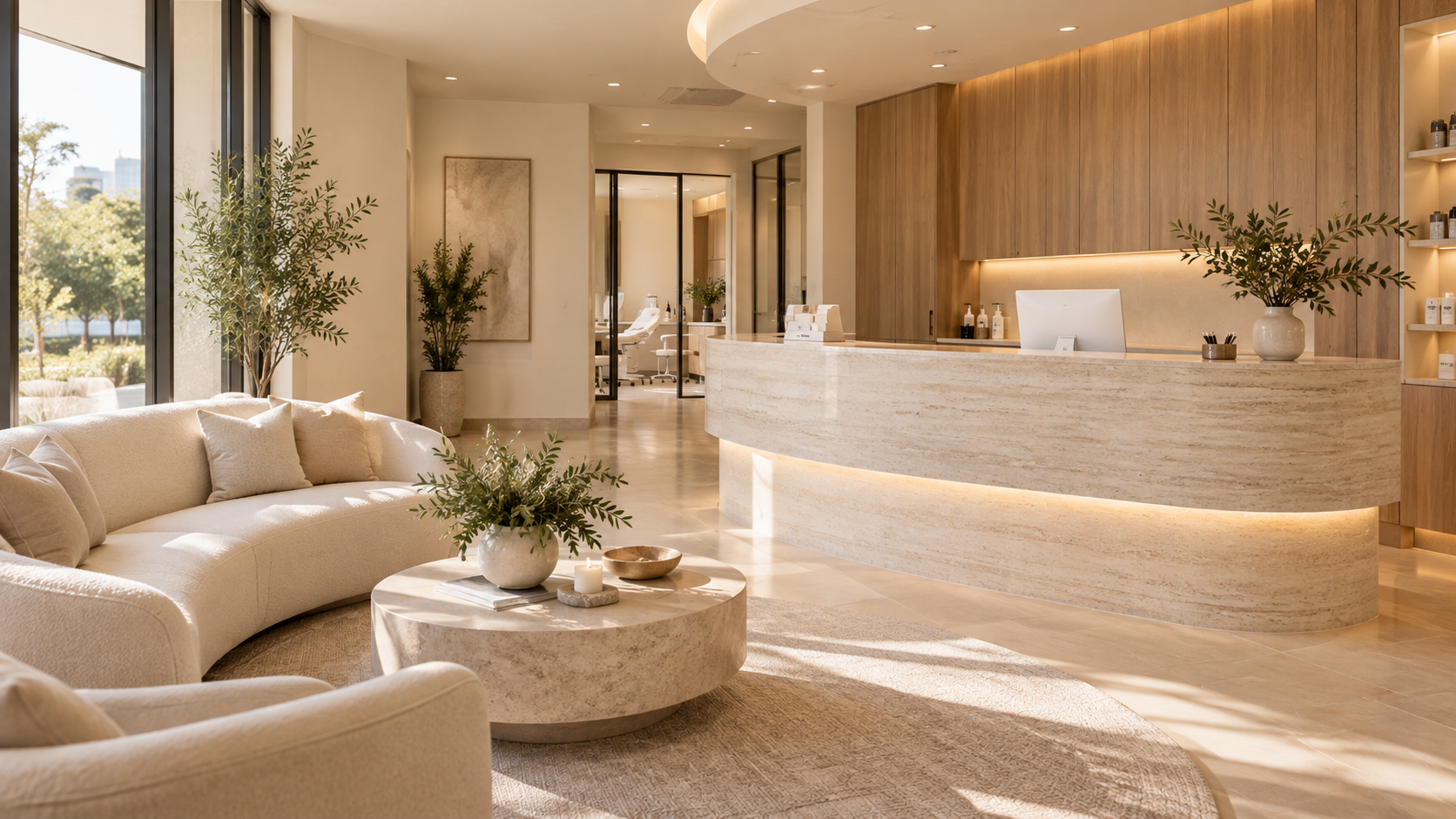 A bright med spa reception with a stone counter, comfortable seating, and natural light
